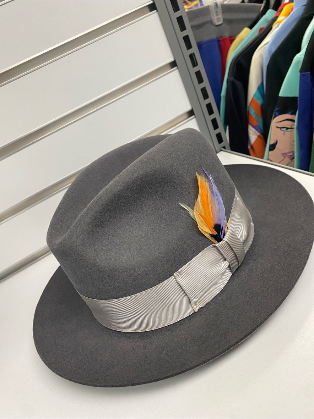 Men's Grey Wool Fedora with Ribbon Band and Feather